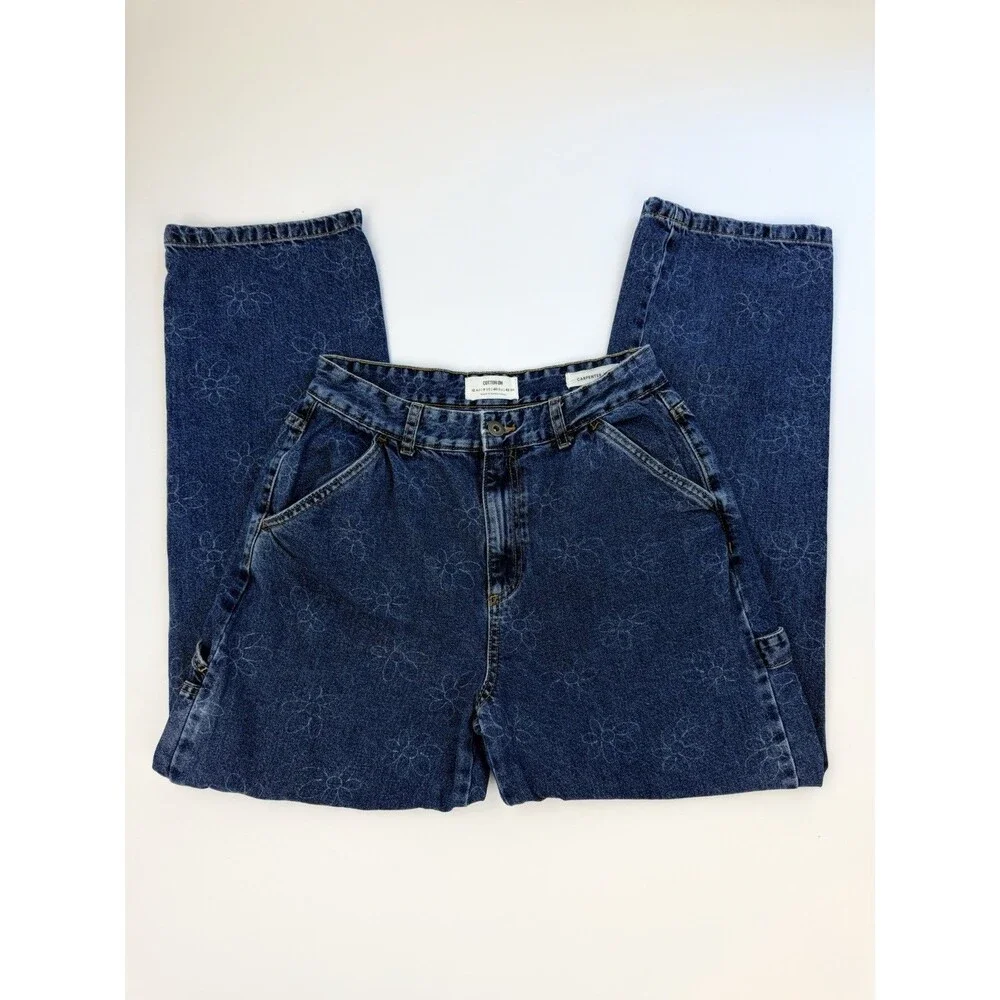 Cotton On Floral Carpenter Jeans Size 8 Blue Wide Leg Cargo Pants High Rise - Picture 6 of 13
